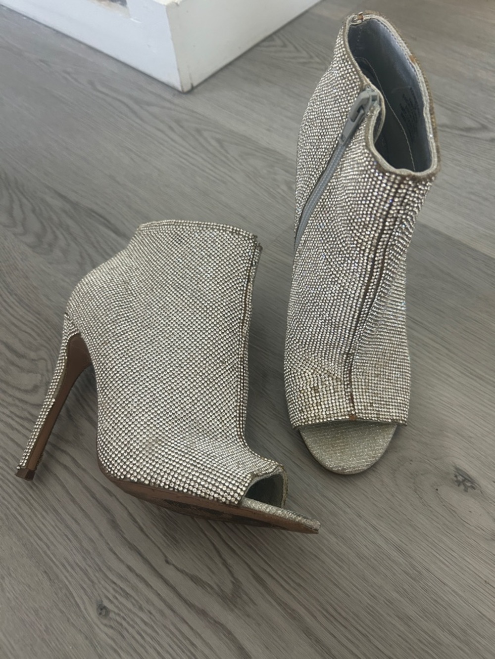 Steve Madden Silver Crystal Peep-Toe Stiletto Booties